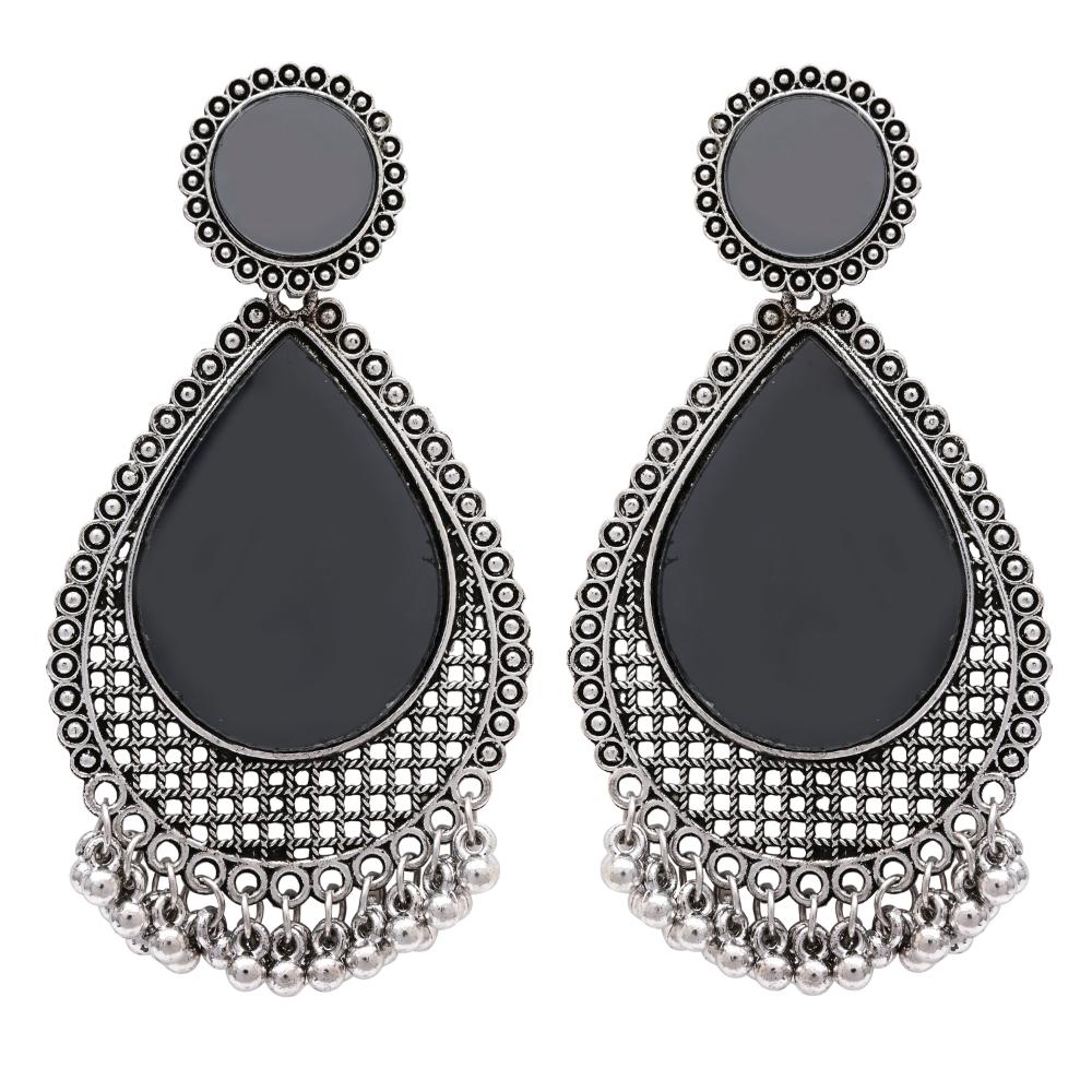 Etnico Silver Oxidised Teardrop Shaped Dangle Earrings For Women (E3320OX)