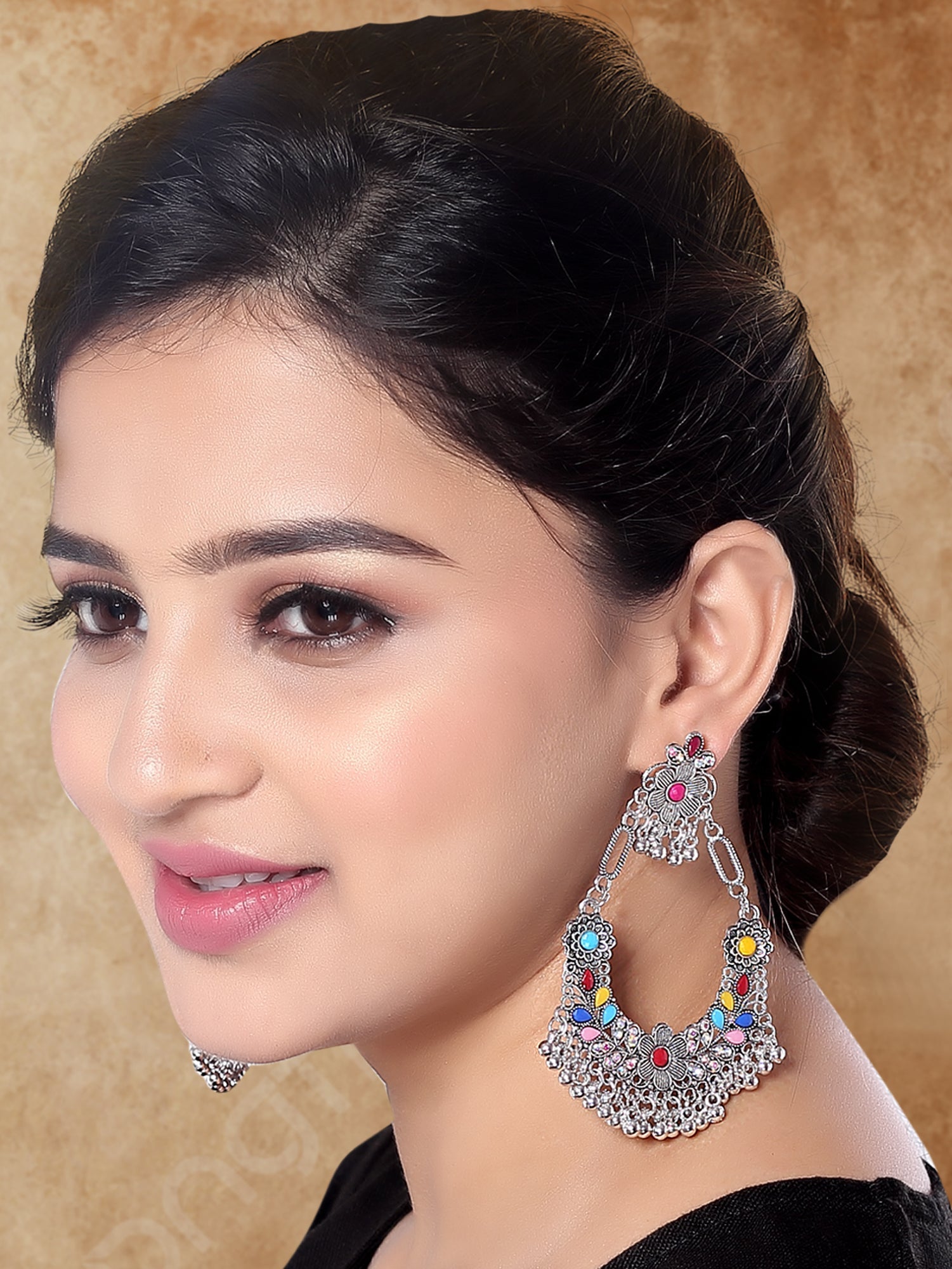 Etnico Traditional Silver Oxidised Afghani Style Dangle Earrings For Women 