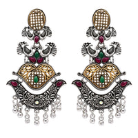 Etnico Silver Oxidised Traditional Peacock & Floral Design Ghungroo Detailing Dangle Earrings for Women