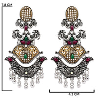 Etnico Silver Oxidised Traditional Peacock & Floral Design Ghungroo Detailing Dangle Earrings for Women