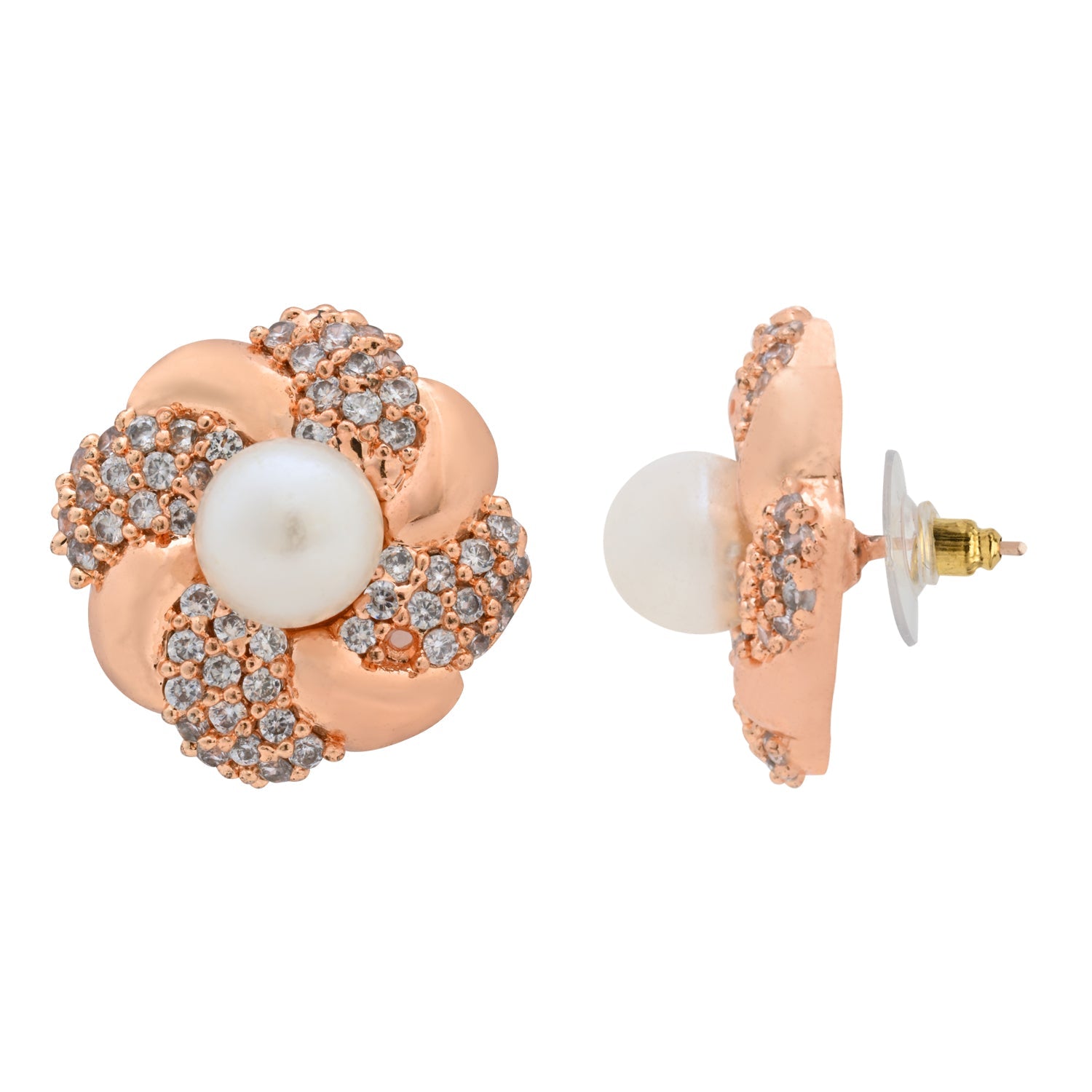 Etnico Latest Stylish Rose Gold Plated CZ American Diamond Stud Earrings For Women