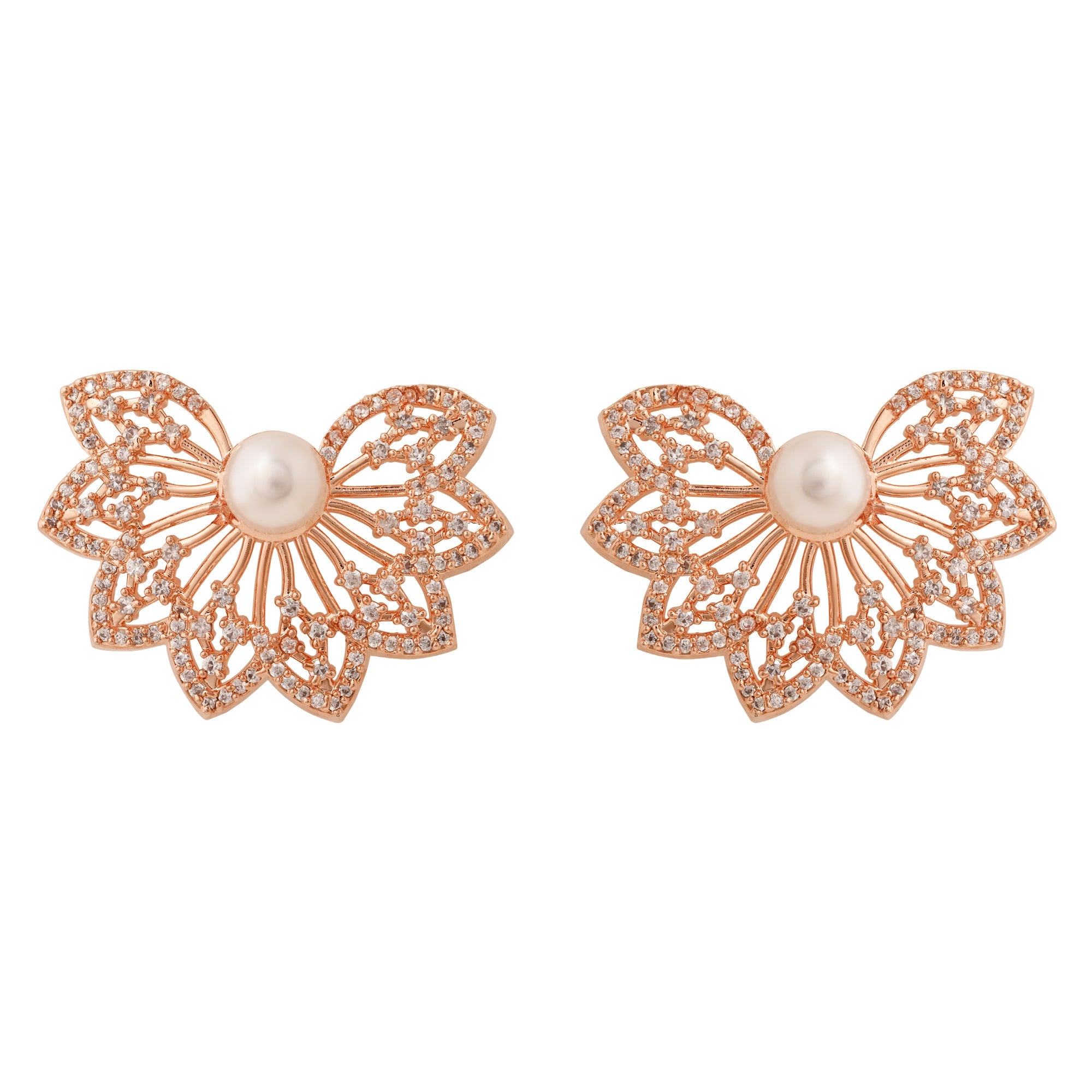 Etnico Rose Gold Plated Cubic Zirconia and American Diamond Fashionable Pearl Look Stud brass Earrings For Women