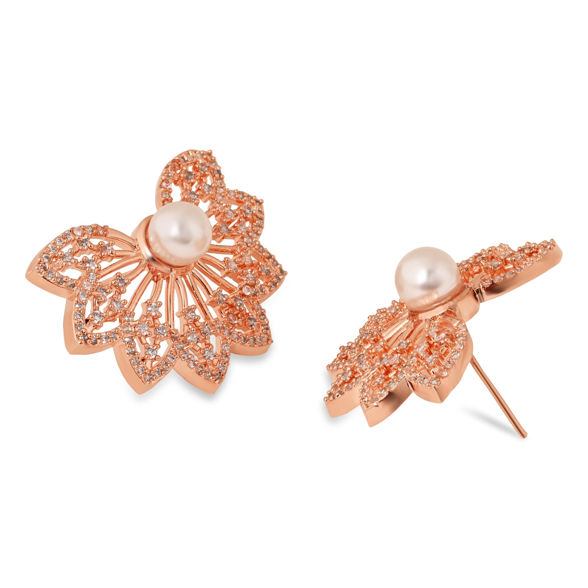 Etnico Rose Gold Plated Cubic Zirconia and American Diamond Fashionable Pearl Look Stud brass Earrings For Women