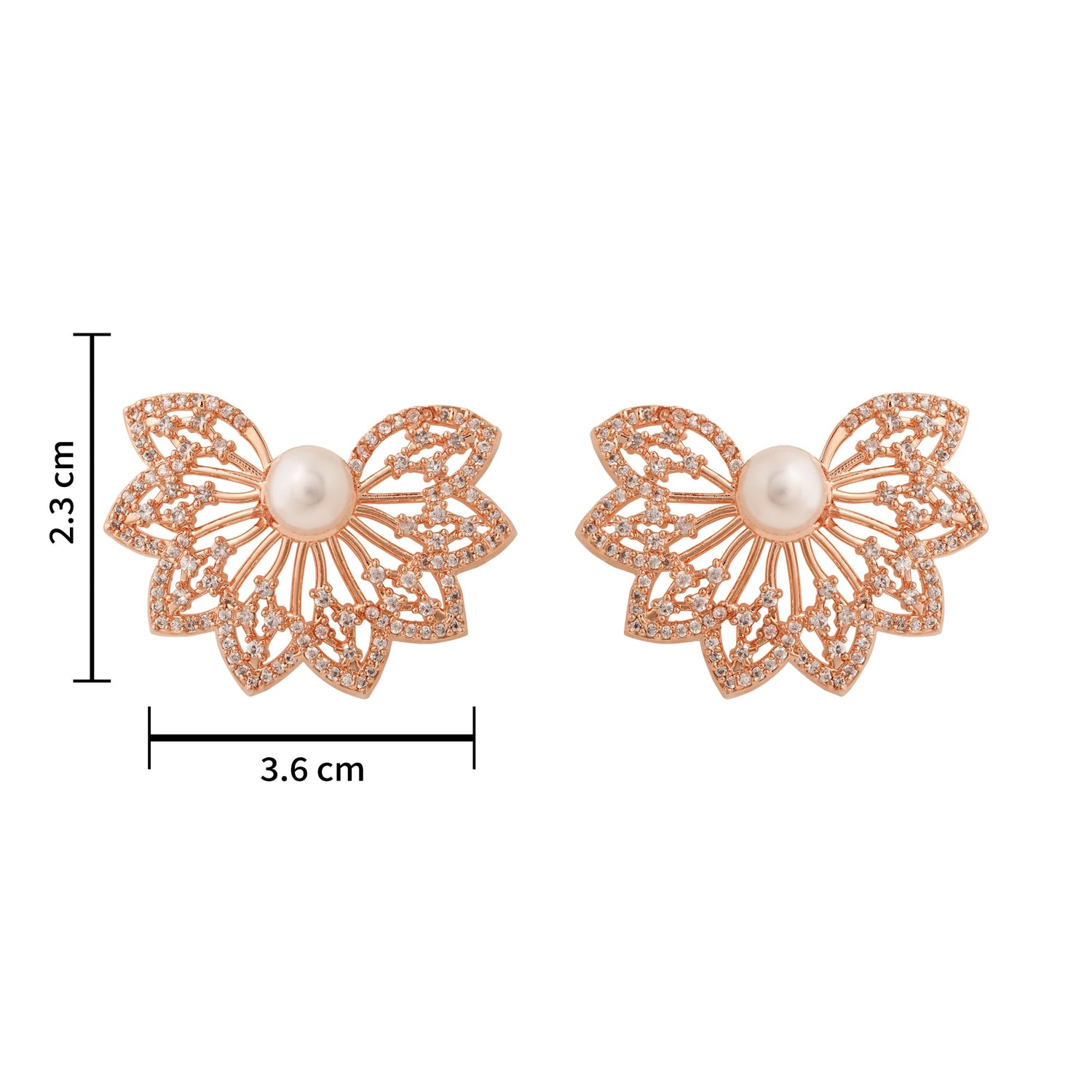 Etnico Rose Gold Plated Cubic Zirconia and American Diamond Fashionable Pearl Look Stud brass Earrings For Women