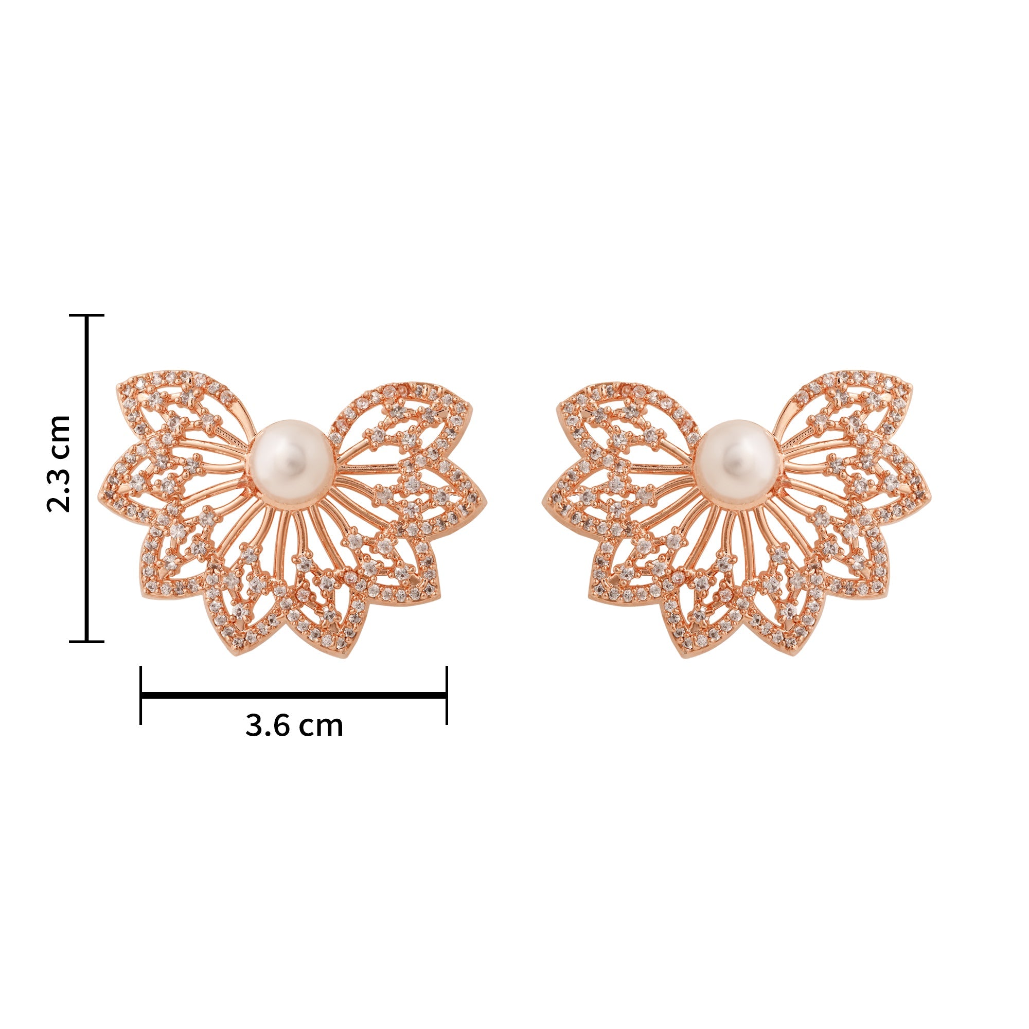 Etnico Rose Gold Plated Cubic Zirconia and American Diamond Fashionable Pearl Look Stud brass Earrings For Women
