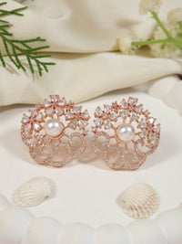 Etnico Rose Gold Plated Cubic Zirconia and American Diamond Fashionable Pearl Look Stud Earrings For Women