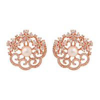 Etnico Rose Gold Plated Cubic Zirconia and American Diamond Fashionable Pearl Look Stud Earrings For Women