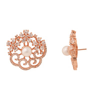 Etnico Rose Gold Plated Cubic Zirconia and American Diamond Fashionable Pearl Look Stud Earrings For Women