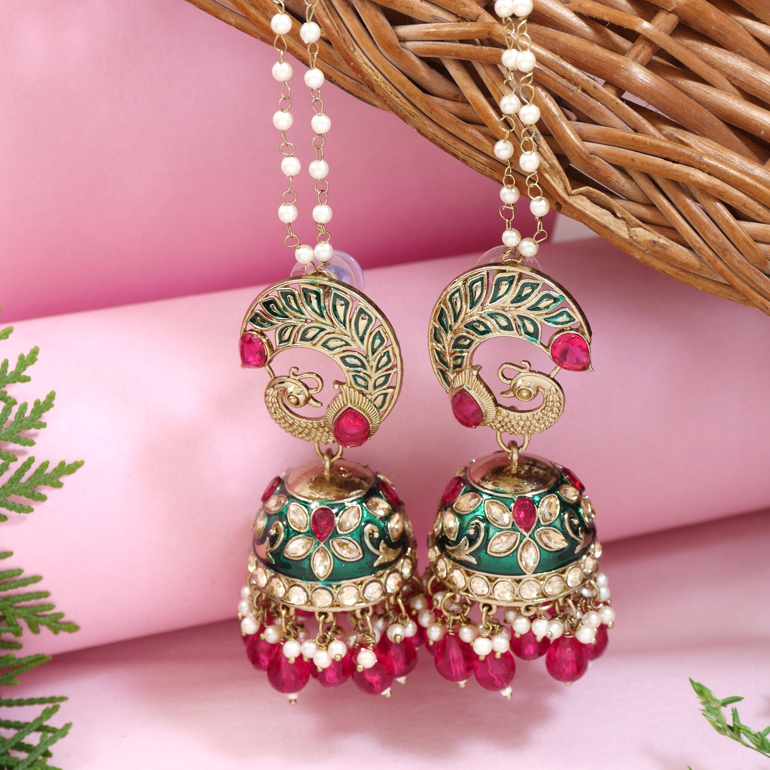 Etnico Gold Plated Traditional Meenakari Jhumka with Ear chain For Women