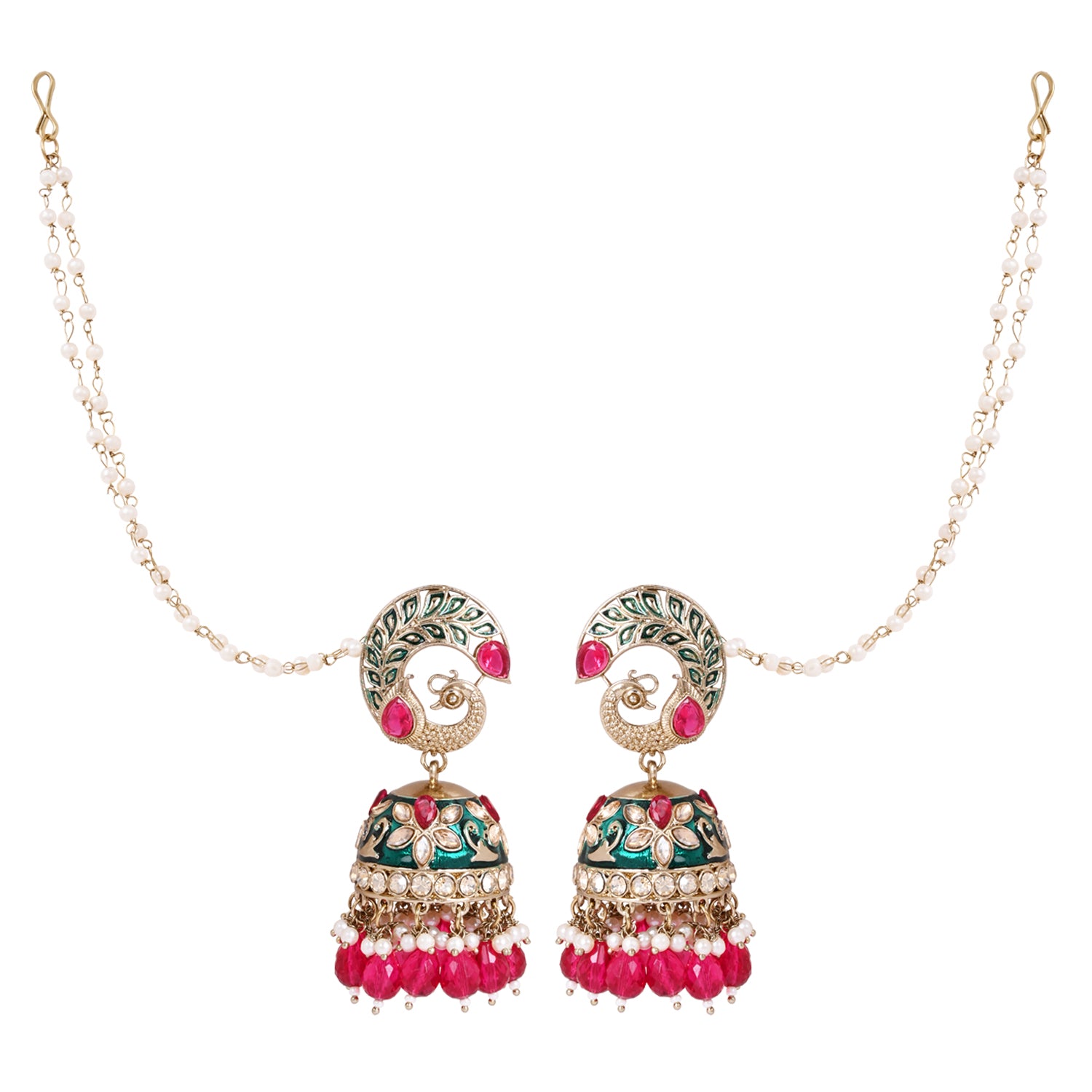 Etnico Gold Plated Traditional Meenakari Jhumka with Ear chain For Women