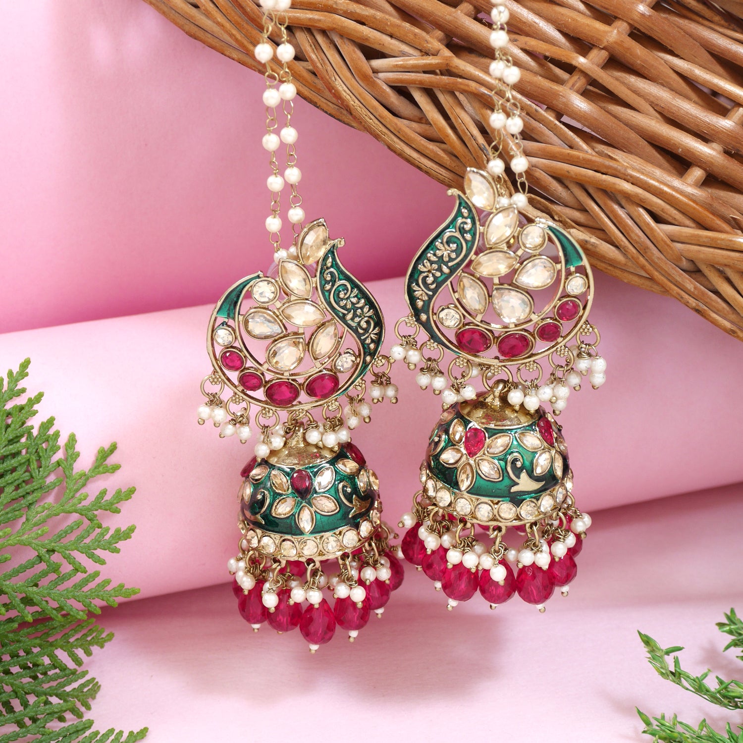 Etnico Gold Plated Traditional Meenakari Kundan & Pearl Jhumka Earrings With Earchain For Women