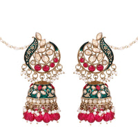 Etnico Gold Plated Traditional Meenakari Kundan & Pearl Jhumka Earrings With Earchain For Women