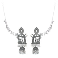 Etnico Silver Plated Traditional Jhumka Motif Oxidised Earring With Ear Chain for Women