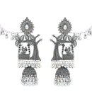 Etnico Silver Plated Traditional Jhumka Motif Oxidised Earring With Ear Chain for Women