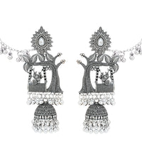 Etnico Silver Plated Traditional Jhumka Motif Oxidised Earring With Ear Chain for Women