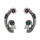 Etnico Navratri Silver Oxidised Floral Ear Cuffs with Ghungroo Drops Earrings for Women (E3395OX)