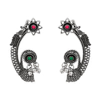 Etnico Navratri Silver Oxidised Floral Ear Cuffs with Ghungroo Drops Earrings for Women (E3395OX)