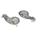 Etnico Navratri Silver Oxidised Paisley Ear Cuffs with Colourful Detailing & Ghungroo Drops Jewellery for Women (E3397OX)