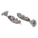 Etnico Navratri Silver Oxidised Traditional Paisley Ear Cuffs with Colourful Detailing & Jhumka Drops Earrings for Women