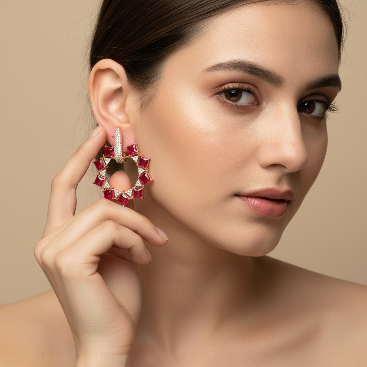 Etnico Rose Gold Plated American Diamond Cubic Zirconia Earrings