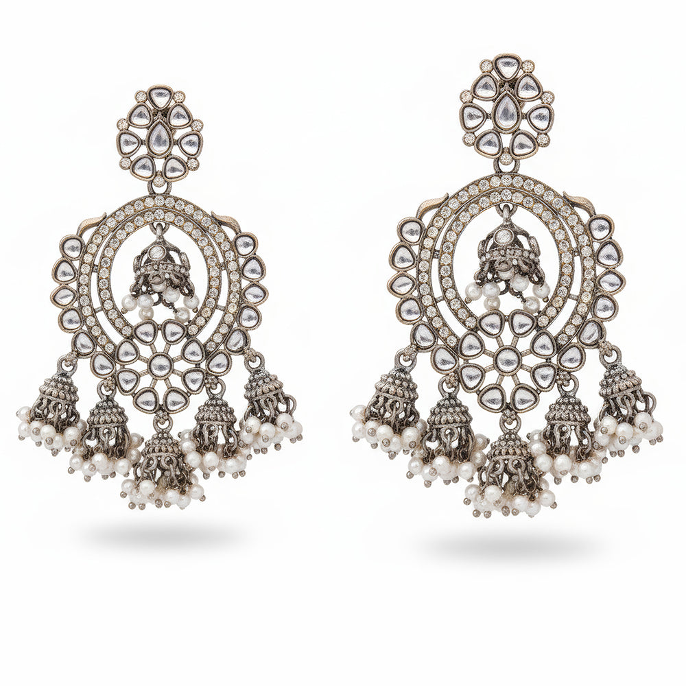 Js Fashion Heritage Oxidised Plated Kundan Stone And Pearl Jhumki Earrings