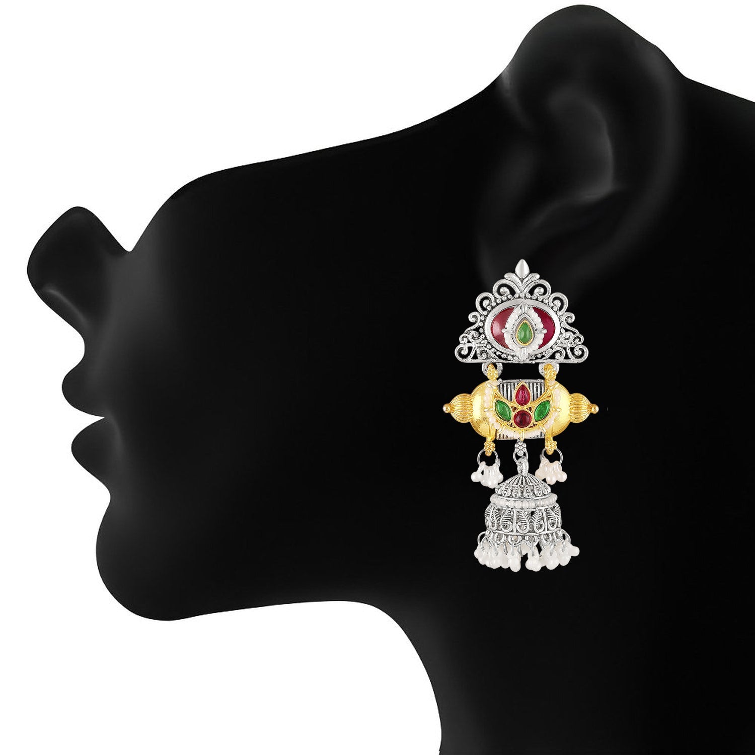 Mahi Traditional Dual-Tone Temple Style Dangler Jhumka Earrings with Kundan & Artificial Pearl Beads for Womens (ER1109886M)