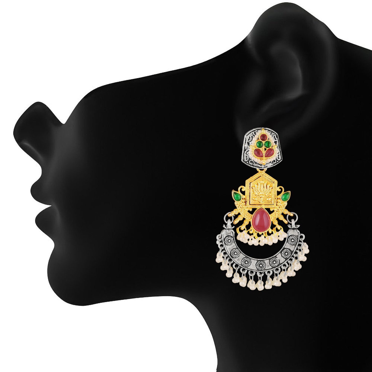 Mahi Traditional Dual-Tone Temple Style Dangler Jhumka Earrings with Kundan & Artificial Pearl Beads for Womens (ER1109887M)
