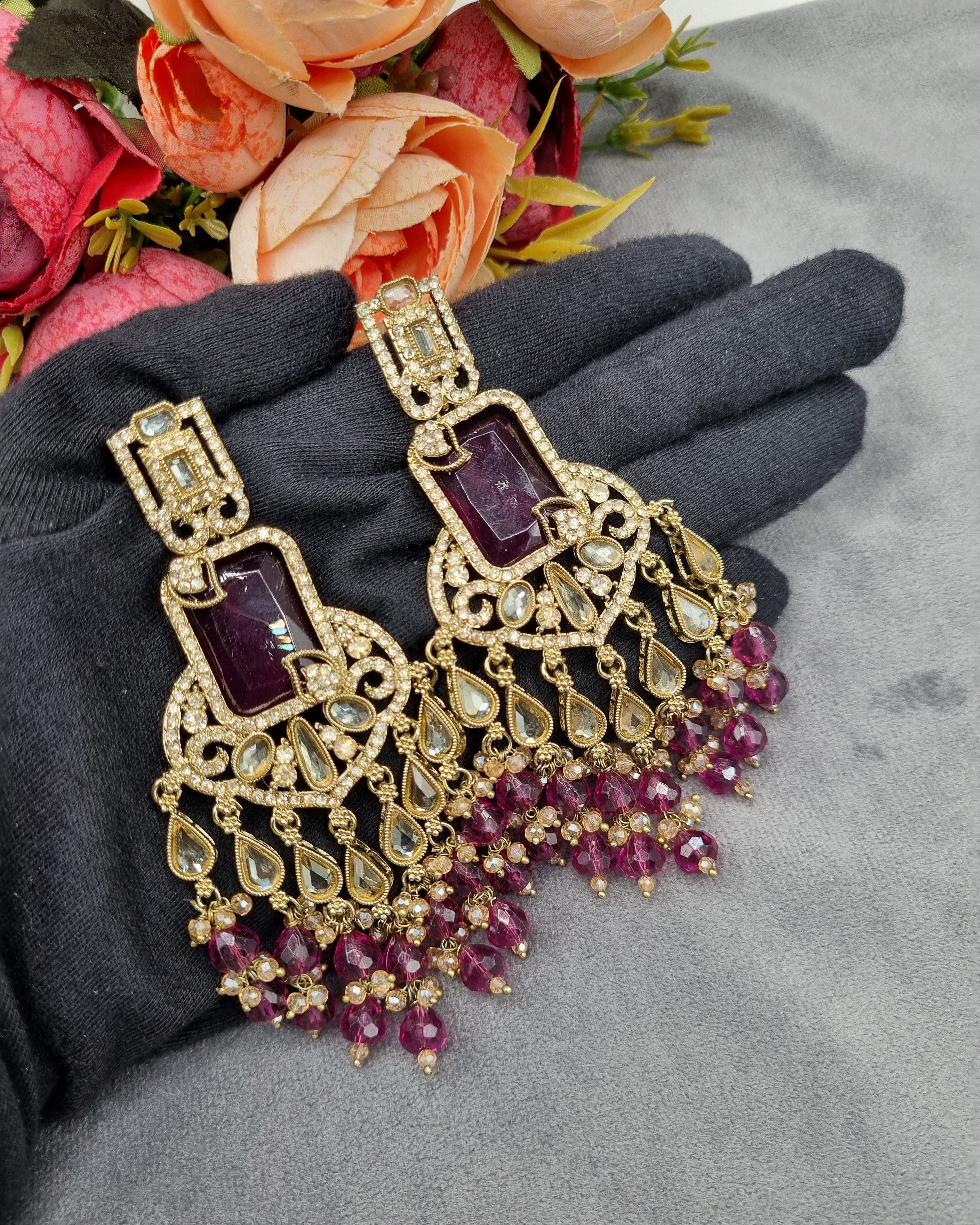 LAFZ  Antique Gold Statement Chandbali Earrings with Crystal Beads - ER130