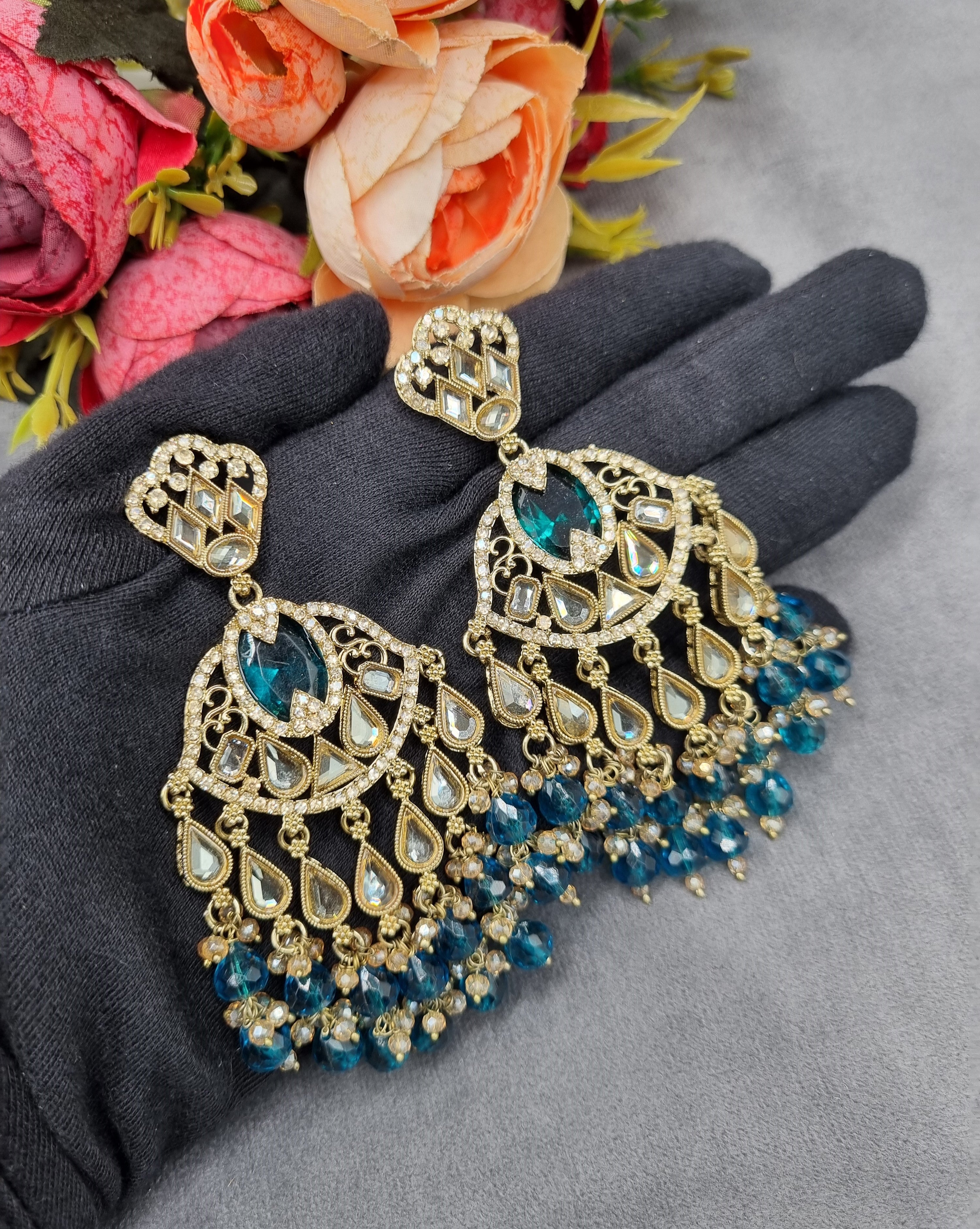 LAFZ  Antique Gold Statement Chandbali Earrings with Crystal Beads - ER130