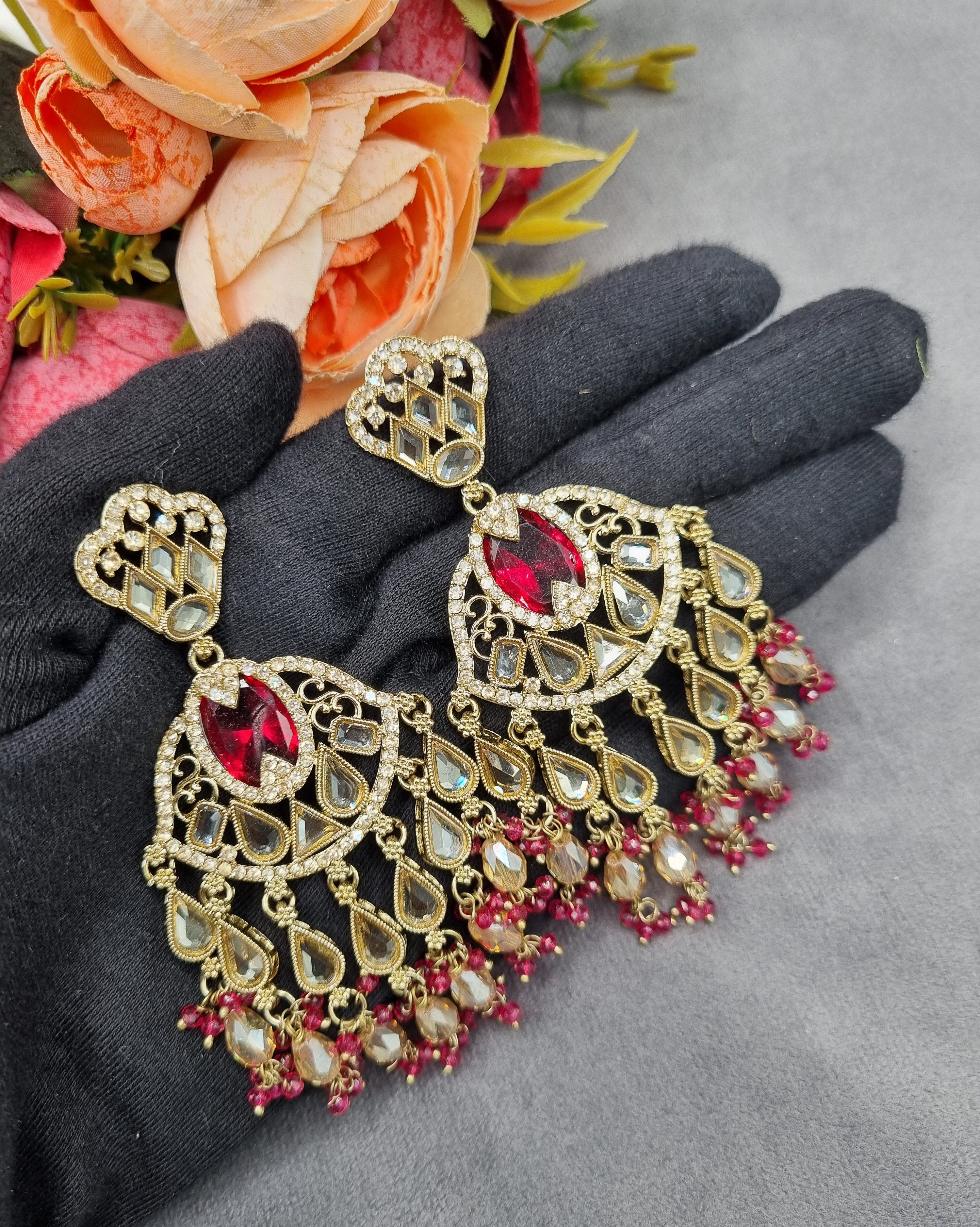 LAFZ  Antique Gold Statement Chandbali Earrings with Crystal Beads - ER130