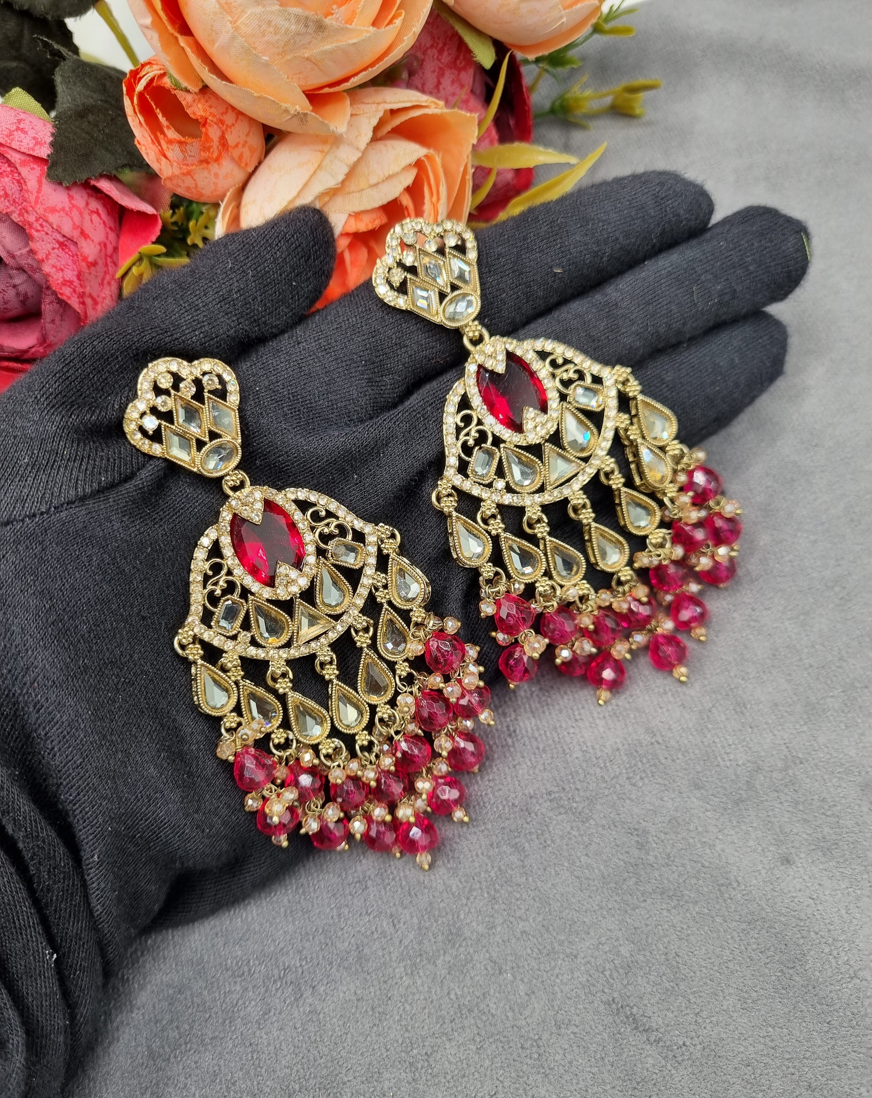 LAFZ  Antique Gold Statement Chandbali Earrings with Crystal Beads - ER130