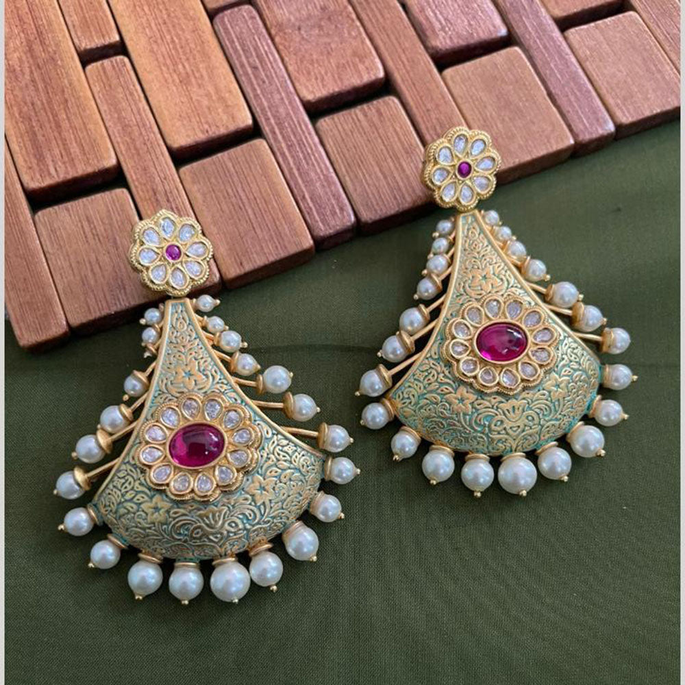 Arham Premium Gold Plated Designer Heavy Polki Kundan Beads Meenakari Dangler Earrings