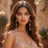 EtnicoFashion Gold Plated American Diamond Facelet Rimless Lensless Glasses Eyewear with Decorative Chains and Ghungroo Party Accessory for Women & Girls (F003)b