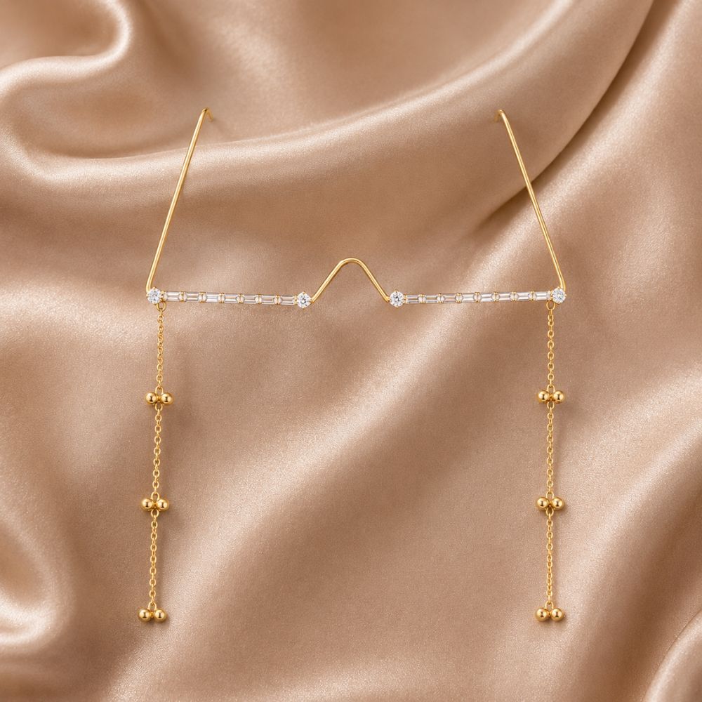 EtnicoFashion Gold Plated American Diamond Facelet Rimless Lensless Glasses Eyewear with Decorative Chains and Ghungroo Statement Party Accessory for Women & Girls (F005)