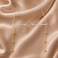 EtnicoFashion Gold Plated American Diamond Facelet Rimless Lensless Glasses Eyewear with Decorative Chains and Ghungroo Statement Party Accessory for Women & Girls (F005)