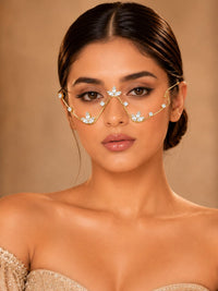 EtnicoFashion Gold Plated American Diamond Facelet Rimless Lensless Glasses Eyewear with Zigzag Floral Design Statement Party Accessory for Women & Girls (F006)