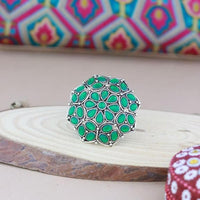 Etnico Ethnic Silver Oxidized Kundan Work Round Adjustable Finger Ring for Women (FL204GG)