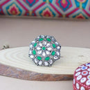 Etnico Ethnic Silver Oxidized Kundan Work Round Adjustable Finger Ring for Women (FL204G)