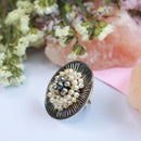 Etnico Silver Oxidised Ethnic Adjustable Brass Finger Ring Embellished With Ghungroo And Pearl (Fl220Ox)