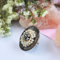 Etnico Silver Oxidised Ethnic Adjustable Brass Finger Ring Embellished With Ghungroo And Pearl (Fl220Ox)