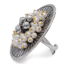 Etnico Silver Oxidised Ethnic Adjustable Brass Finger Ring Embellished With Ghungroo And Pearl (Fl220Ox)