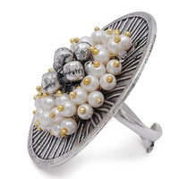 Etnico Silver Oxidised Ethnic Adjustable Brass Finger Ring Embellished With Ghungroo And Pearl (Fl220Ox)