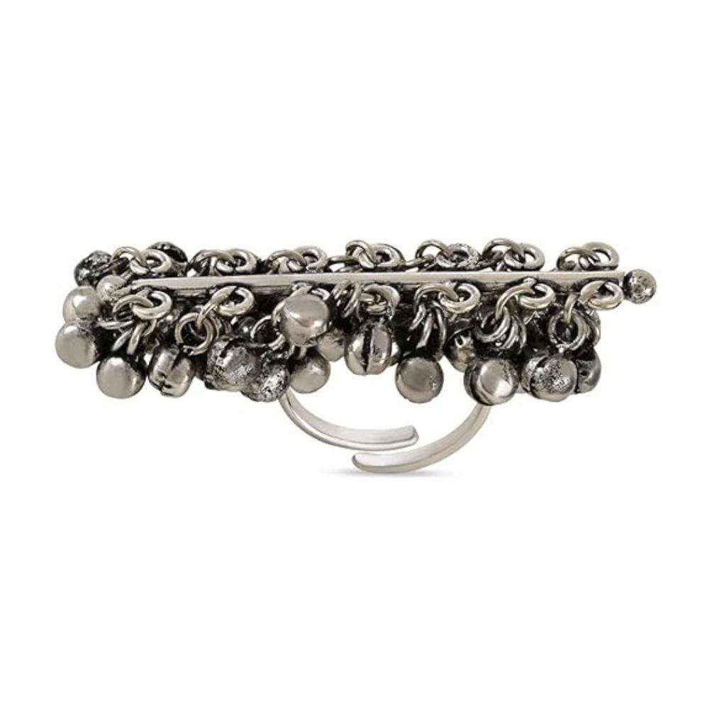 Etnico Silver Oxidised Adjustable Finger Ring Embellished With Ghungroo For Women (FL221OX)