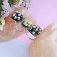Etnico Silver Oxidised Ethnic Adjustable Brass Finger Ring Embellished With Ghungroo and Pearl For Women(FL222OX)
