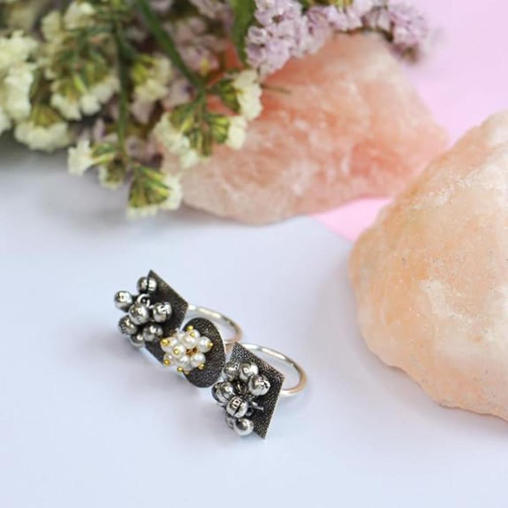 Etnico Silver Oxidised Ethnic Adjustable Brass Finger Ring Embellished With Ghungroo and Pearl For Women(FL222OX)