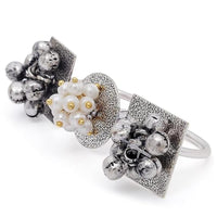 Etnico Silver Oxidised Ethnic Adjustable Brass Finger Ring Embellished With Ghungroo and Pearl For Women(FL222OX)