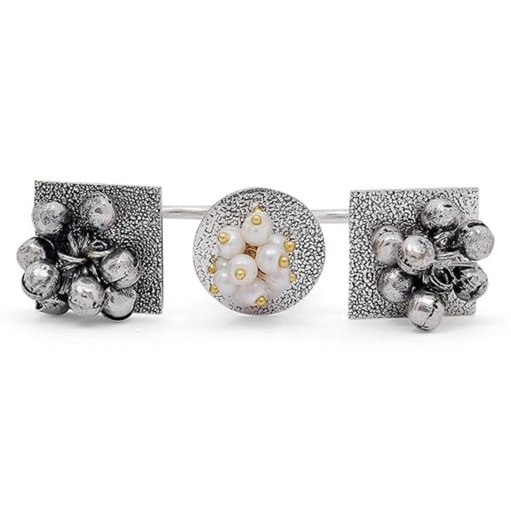 Etnico Silver Oxidised Ethnic Adjustable Brass Finger Ring Embellished With Ghungroo and Pearl For Women(FL222OX)