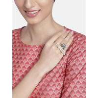 Etnico Silver Oxidised Ethnic Adjustable Brass Finger Ring Embellished With Ghungroo And Pearl (FL224OX)