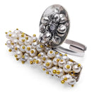 Etnico Silver Oxidised Ethnic Adjustable Brass Finger Ring Embellished With Ghungroo And Pearl (FL224OX)