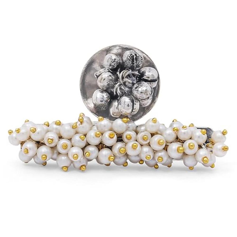 Etnico Silver Oxidised Ethnic Adjustable Brass Finger Ring Embellished With Ghungroo And Pearl (FL224OX)